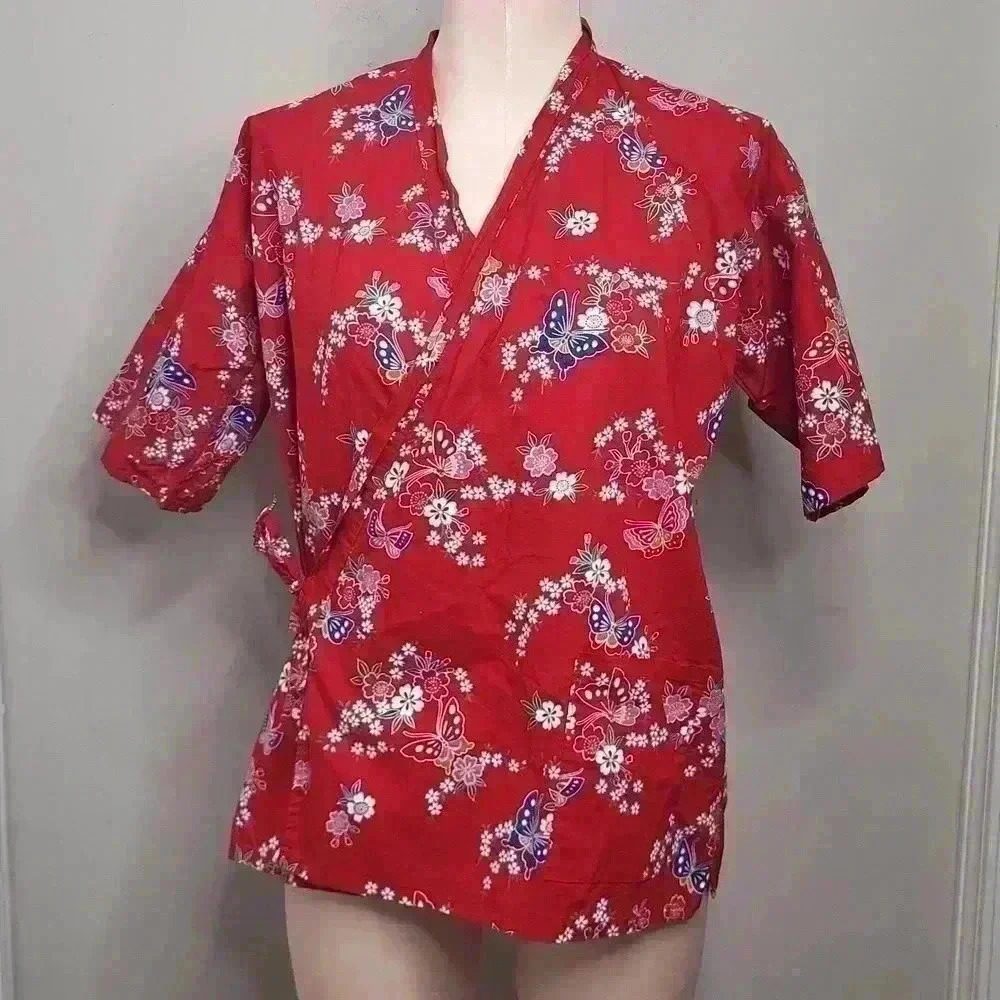 Ichiban Vintage Rare Red‎ Floral Double Tie Shirt Size Large Made in Japan